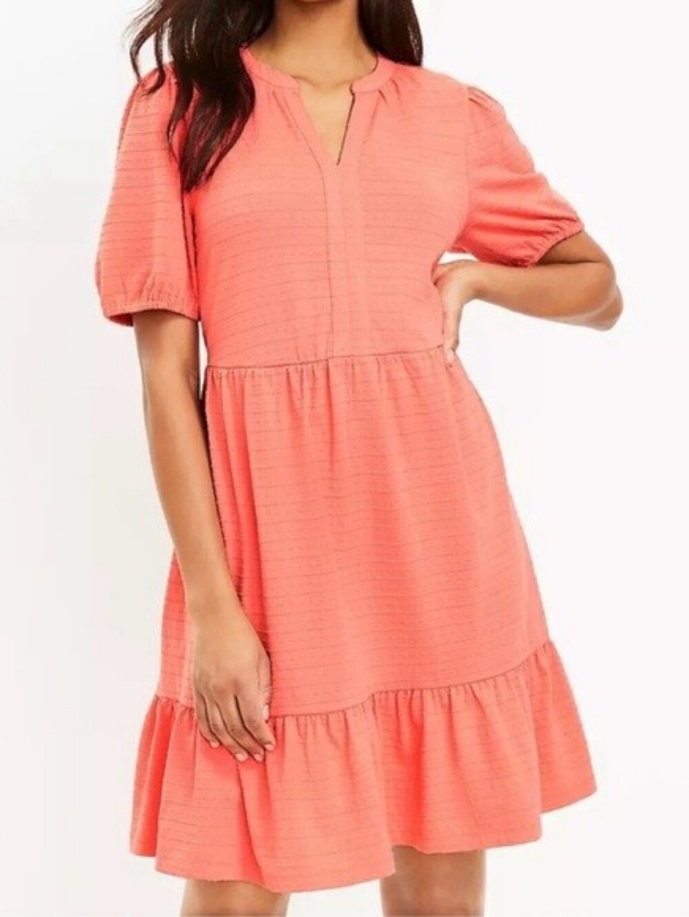 LOFT Petite Coral Textured Tiered Dress LP